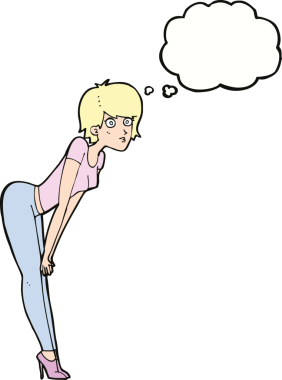 Bir insan tarafından çizilmiş düşünce baloncuğu olan bir şeye bakan çizgi film kadını.