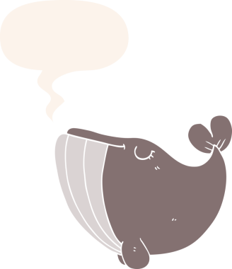 Konuşma baloncuğu olan çizgi film balinası insan tarafından çizilmiş.