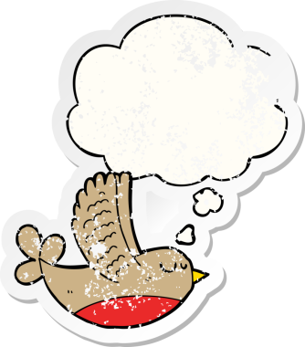 Düşünce baloncuğu olan çizgi film kuşu insan tarafından çizilmiş yıpranmış bir çıkartma gibi.