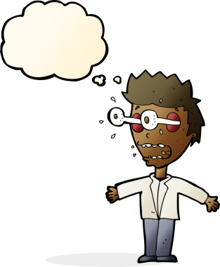 Bir insan tarafından çizilmiş düşünce kabarcığı olan bir çizgi film adamı.