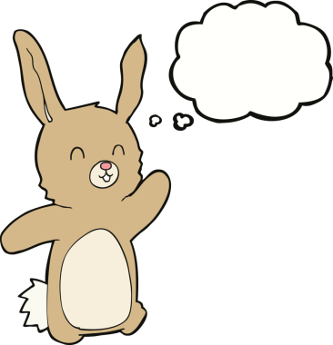 Bir insan tarafından çizilmiş düşünce balonlu mutlu tavşan çizgi filmi.