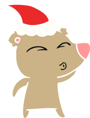 Bir insan tarafından çizilmiş Noel Baba şapkası giyen, ıslık çalan bir ayının el çizimi.