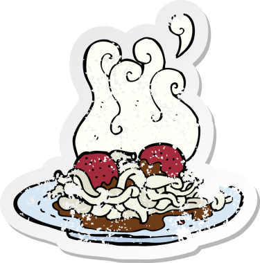 Bir insan tarafından çizilmiş spagetti ve köfte desenli bir çizgi film çıkartması.