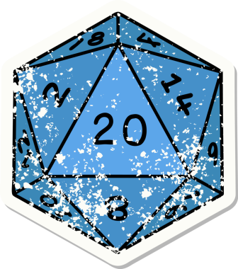 Bir insan tarafından çizilmiş 20 D20 zarının grunge sticker 'ı.