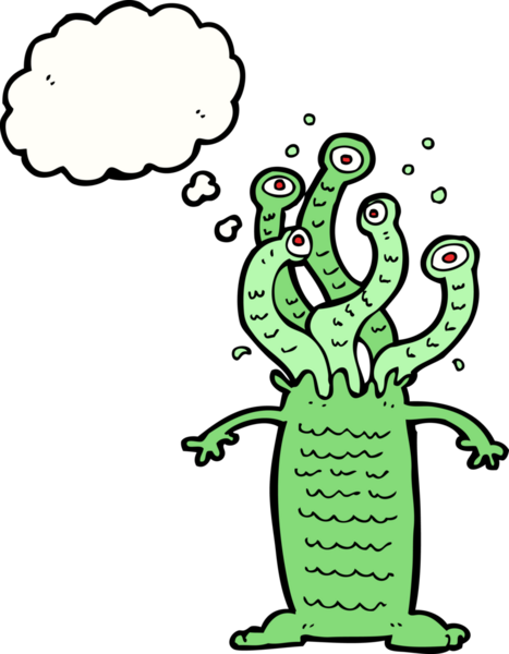 Bir insan tarafından çizilmiş düşünce baloncuklu çizgi film canavarı.