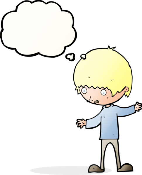 Bir insan tarafından çizilmiş düşünce baloncuğuyla kollarını açmış çizgi film çocuğu.