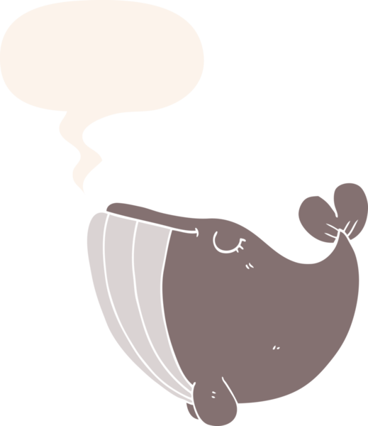 Konuşma baloncuğu olan çizgi film balinası insan tarafından çizilmiş.