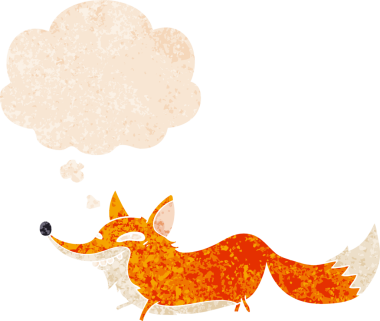 Homurdanan düşünce baloncuğuyla sinsi tilki çizgi filmi bir insan tarafından çizilmiş tedirgin eski moda.