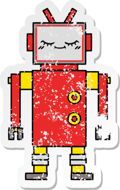 Bir insan tarafından çizilmiş sevimli bir robot çizgi film çıkartması.