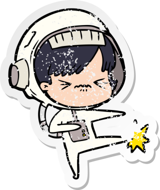 Bir insan tarafından çizilmiş karikatür astronot kadının sıkıntılı çıkartması.