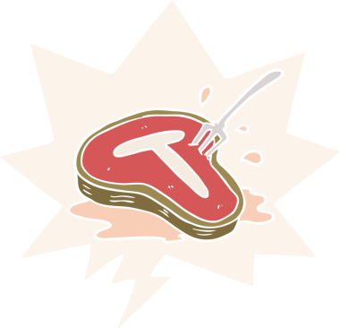 Biftek ve çatal şeklinde bir karikatür, insan tarafından çizilmiş bir konuşma baloncuğu.