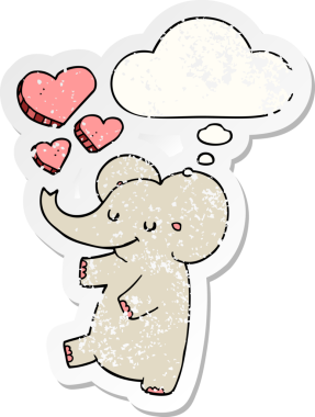 Aşk dolu karikatür fili. Düşünce baloncuğu insan tarafından çizilmiş yıpranmış bir çıkartma gibi.