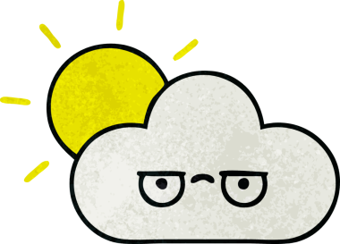 Güneş 'in retro grunge deseni ve bir insan tarafından çizilmiş bulut.