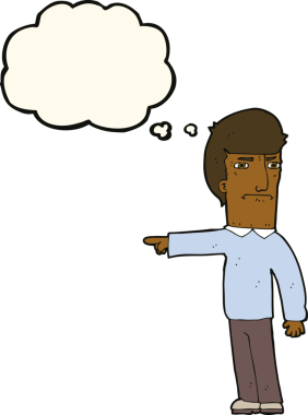 Bir insan tarafından çizilen düşünce baloncuğuyla işaret eden çizgi film adamı.