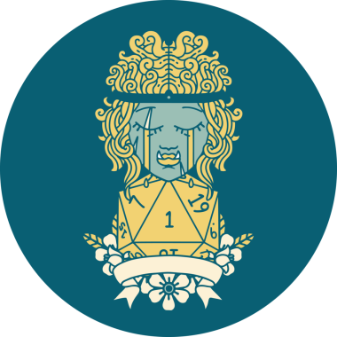 Retro Dövme Tarzı Ağlayan Ork Barbar Karakteri Bir insan tarafından çizilmiş doğal D20 rulosu