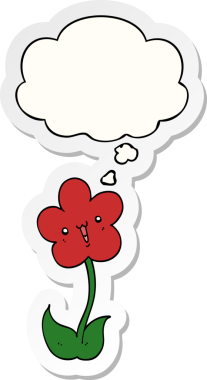 Düşünce baloncuklu karikatür çiçeği insan tarafından çizilmiş bir çıkartma gibi.