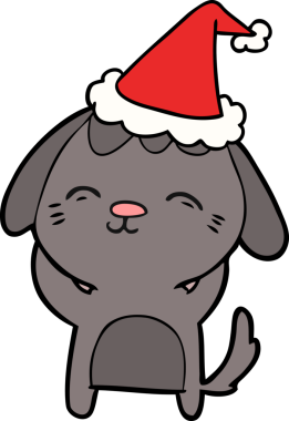 Mutlu el çizimi bir insan tarafından çizilmiş Noel Baba şapkası takan bir köpeğin resmi.