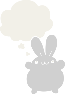 Düşünce baloncuklu çizgi film tavşanı insan tarafından çizilmiş.