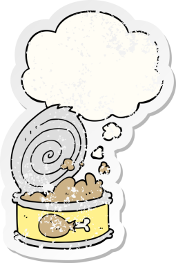 Düşünce baloncuklu konserve yiyecekler insan tarafından çizilmiş yıpranmış bir çıkartma gibi.