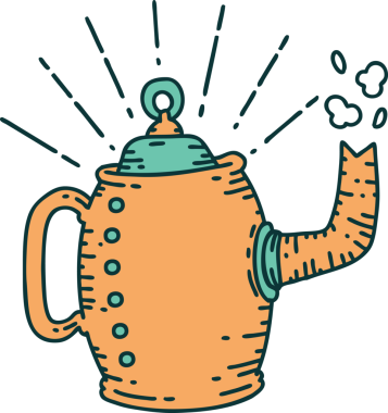 Geleneksel dövme stili eski kahve demliğinin bir insan tarafından çizilmiş hali.