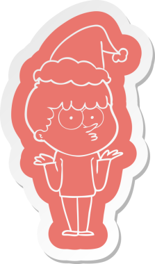 Tuhaf bir karikatür çıkartması. Meraklı bir çocuğun omuzlarını silkip Noel Baba şapkası takması.