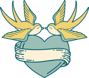 Kırlangıçların ikonik dövme şekli ve bir insan tarafından çizilmiş bir kalp.