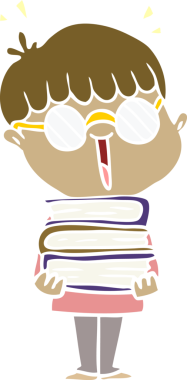 Düz renkli çizgi film çocuğu. Bir insan tarafından çizilmiş harika kitapları var.