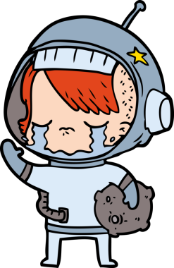 Bir insan tarafından çizilmiş kaya örneğini taşıyan ağlayan astronot kız.