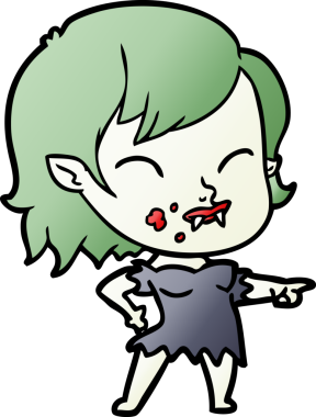 Bir insan tarafından çizilmiş yanağında kan olan vampir kız çizgi filmi.