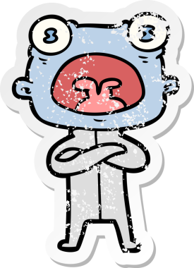 Bir insan tarafından çizilmiş garip uzaylı karikatürünün sıkıntılı çıkartması.