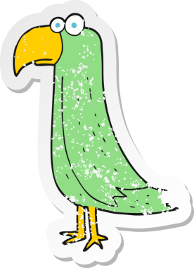 Bir insanın çizdiği karikatür papağanının kederli retro yapıştırması.