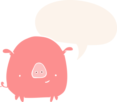 bir insan tarafından çizilmiş, konuşma baloncuklu mutlu domuz çizgi filmi.