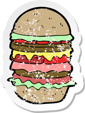 Bir çizgi filmin gerilemiş çıkartması. Bir insan tarafından çizilmiş inanılmaz bir hamburger.