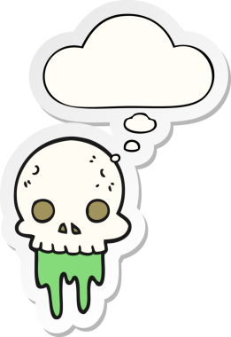 Bir insan tarafından çizilmiş bir çıkartma olarak düşünce baloncuğu olan ürkütücü cadılar bayramı kafatası çizgi filmi.