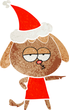 Bir insan tarafından çizilmiş Noel Baba şapkası giymiş sıkılmış bir köpeğin el çizimi karikatürü.