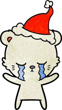 Ağlayan el çizimi bir kutup ayısı çizimi Noel Baba şapkası giyen bir insan tarafından çizilmiş.