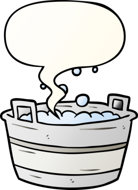 Bir insan tarafından çizilmiş, konuşma baloncuğuyla dolu eski bir teneke küvet.