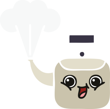 Bir insan tarafından çizilen dumanı tüten bir çaydanlığın düz renkli retro karikatürü