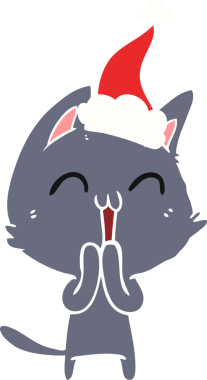 Bir insan tarafından çizilmiş Noel Baba şapkası takan bir kedinin düz renk çizimi.