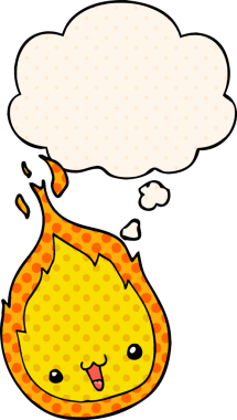 Çizgi roman tarzında bir insan tarafından çizilmiş düşünce baloncuğu olan sevimli çizgi film alevi.