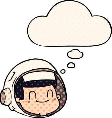 Çizgi roman tarzında bir insan tarafından çizilmiş düşünce baloncuklu astronot yüzü.