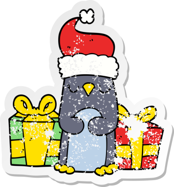 Bir insan tarafından çizilmiş şirin bir Noel pengueninin sıkıntılı çıkartması.