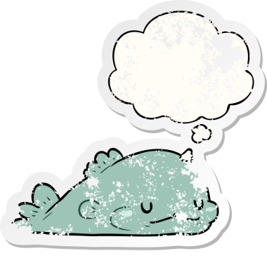 Düşünce baloncuklu karikatür balığı insan tarafından çizilmiş yıpranmış bir çıkartma gibi.