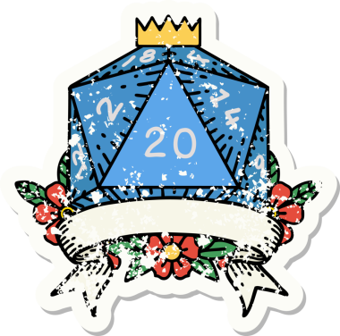 Bir insan tarafından çekilen 20 kritik vuruşluk D20 zar atımının grunge çıkartması.