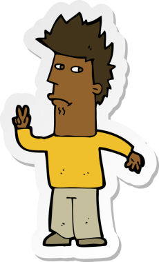 Bir insan tarafından çizilmiş barış işareti veren bir çizgi film karakterinin çıkartması.