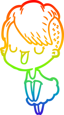 Gökkuşağı gradyan çizimi. Hipster saç kesimi bir insan tarafından çizilmiş şirin bir çizgi film kızı.