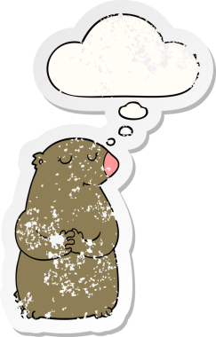 Düşünce baloncuğu olan sevimli çizgi film ayısı bir insan tarafından çizilmiş yıpranmış bir çıkartma gibi.