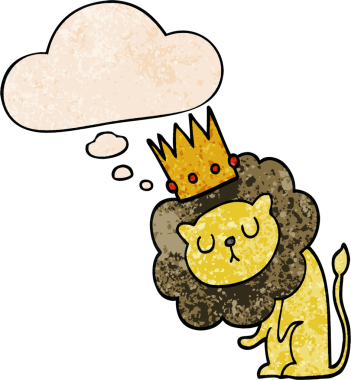 Düşünce baloncuğu ile taçlı çizgi film aslanı bir insan tarafından çizilmiş grunge doku tarzı.