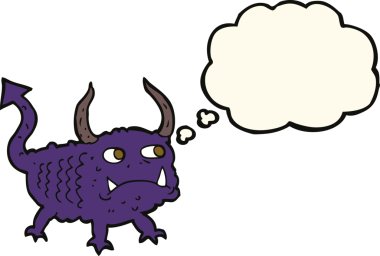 Bir insan tarafından çizilmiş düşünce baloncuğu olan küçük bir iblis.