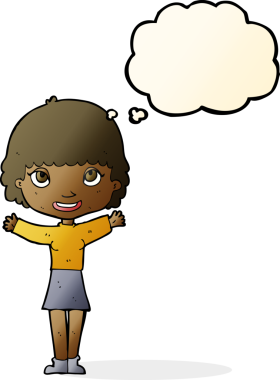 Bir insan tarafından çizilmiş düşünce baloncuğuyla el sallayan çizgi film kadını.